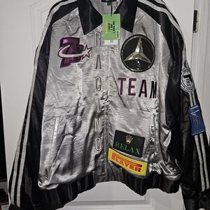 Triple 7 Silver and Black Racing Team Patch Bomber Jacket